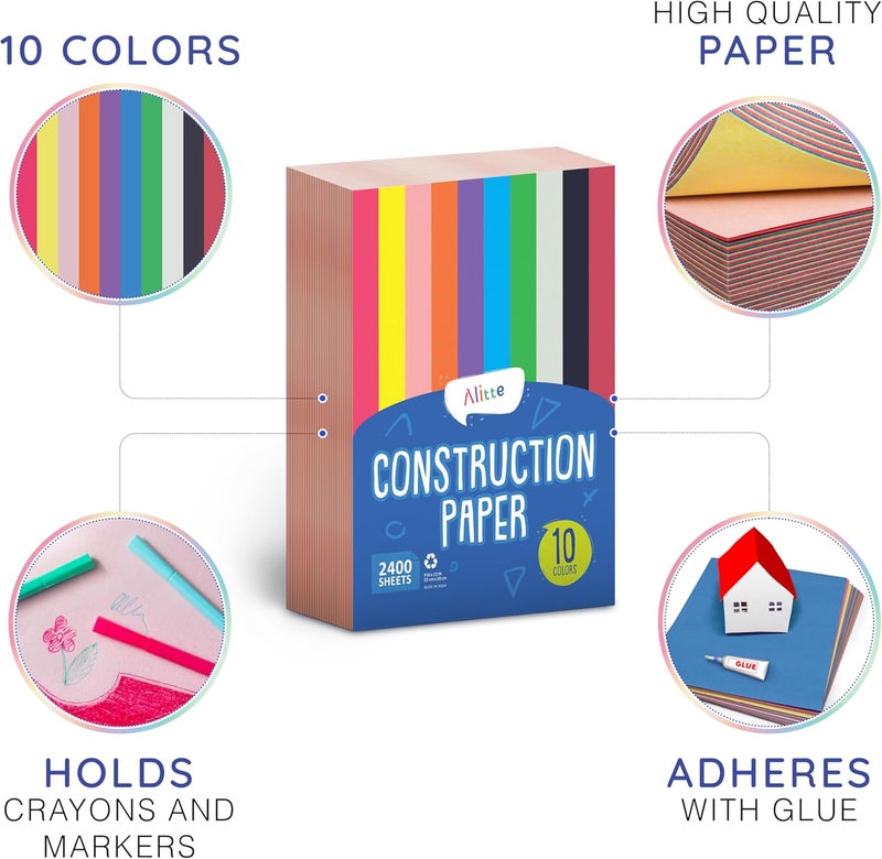 Alitte Construction Paper Assorted Colors - (2400 Sheets, 9x12), Craft Paper, 10 Bright Colors - Bulk Pack Arts & Crafts Projects - Colored Paper For Preschool, Home, And Classroom Supplies - Image 2